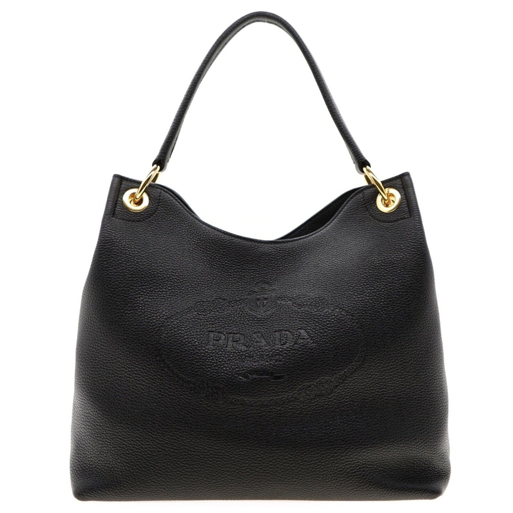 Prada Hobo Shoulder Bag Embossed Logo Vitello Phenix Black Leather New - Picture 2 of 6